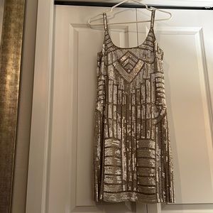 Metallic cream/ ivory/ tan/ silver/ pearl gold Adrianna Papell sequin midi dress